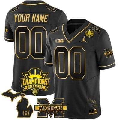 Custom Michigan Wolverines Jersey Name and Number 2023 Big Ten Champions Patch Black Gold