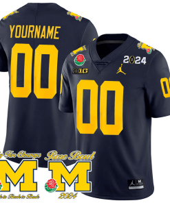 Custom Michigan Wolverines Jersey Name and Number Vapor Rose Bowl and 2024 CFP and Big Ten Champs Patch Football Navy