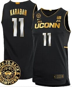 Alex Karaban Jersey #11 UConn Huskies Basketball 2024 Back To Back Champions Patch Black Gold
