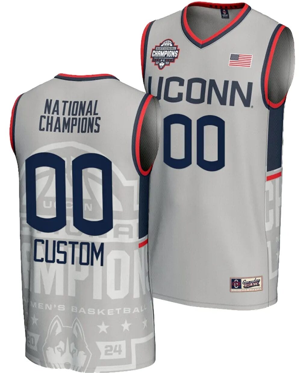 Custom UConn Huskies Jersey Name and Number 2024 NCAA Basketball National Champions Lightweight Gray